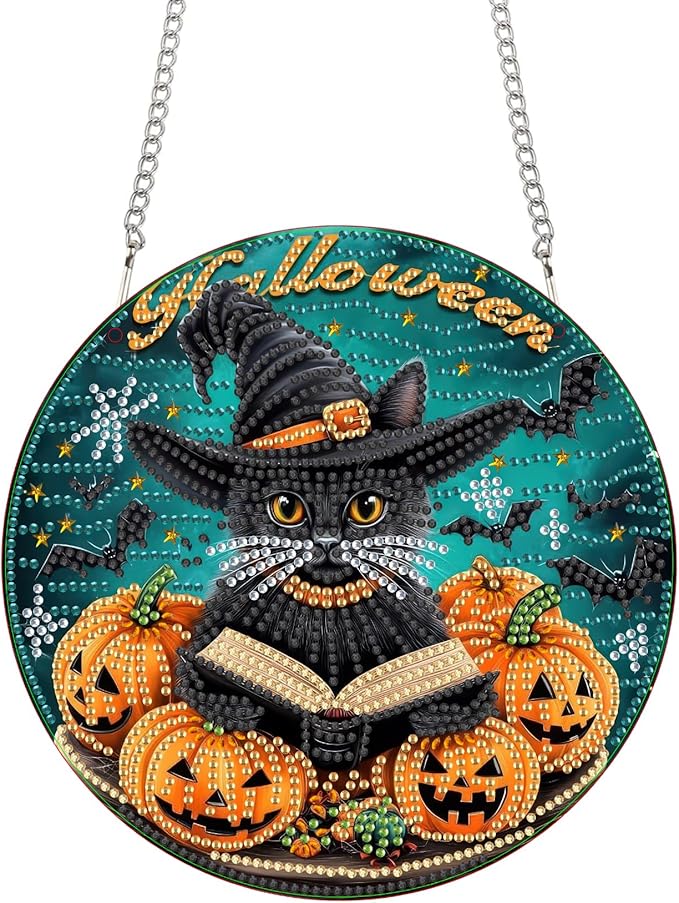 Bimkole Halloween Cat Diamond Art Hanging Kit for Adult, DIY 5D Diamond Art Pumpkins Window Pendant, Acrylic Crystal Art Hanging Ornament Home Wall Garden Front Door Sign Outdoor Decor 7.8x7.8 Inch