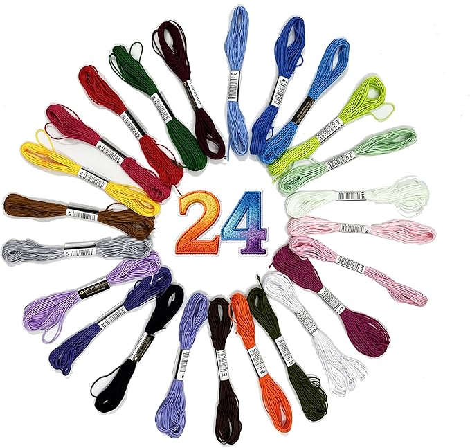 24 Colors Embroidery Thread Set with DMC Codes - 8m Each Skein, Premium Cotton Sewing Floss for Cross Stitch & Needlecraft