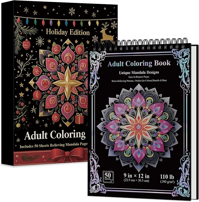 Mandala Coloring Book for Adults Hardcover: 50 Unique Designs Spiral Coloring Book for Adults with Perforated Pages. (Mandala Designs, 9 x 12 inches, 50 Sheets), Valentines Day Gifts.