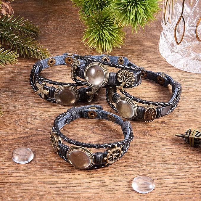 SUNNYCLUE DIY 4 Sets Braided Leather Bracelet Making Kit Multilayer Rope Bangle Cuff Wristband with Blank Alloy Cabochon Bezel Tray, Clear Glass Cabochon 18mm, Button Adjust, Mixed Shapes