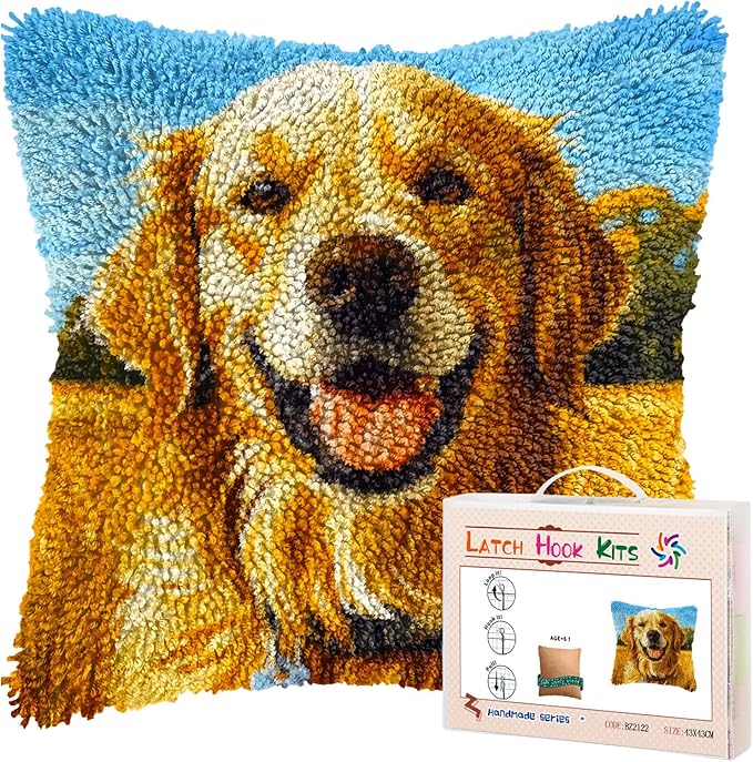 DIY Latch Hook Pillow Kits Golden Retriever Dog Printed Pillowcase Crochet Yarns Hooking Handmade Pillow Cover Cushion for Home Sofa Decoration 17x17inch-1