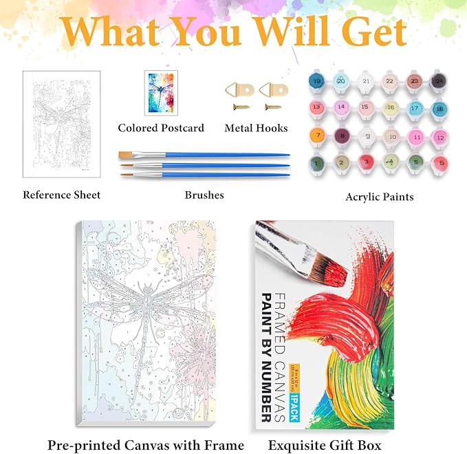 Framed Paint by Numbers Kit for Adults Beginner Dragonfly, Adult Paint by Number Kits on Canvas Framed Flower, DIY Acrylic Oil Painting by Numbers with Frame, Perfect for Home Decor Gift 8 X 12 Inch
