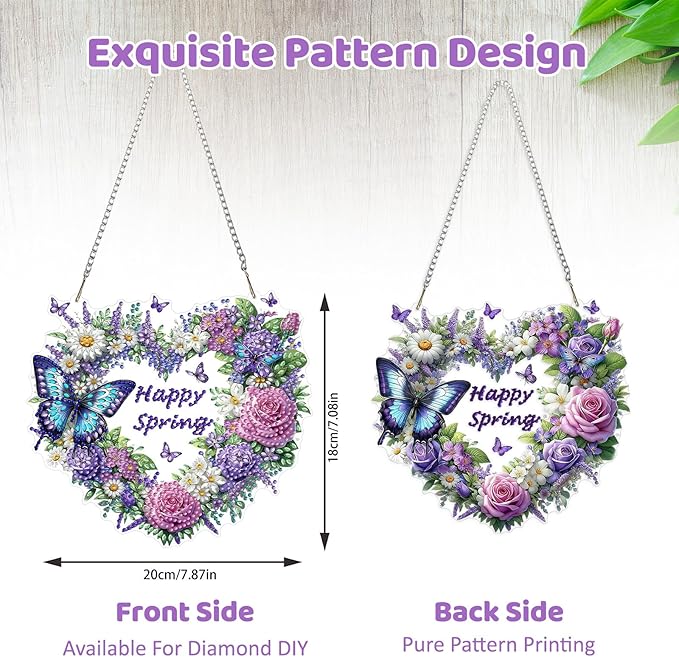 MEIYUDA Flower Wreath Diamond Art Hanging Kits for Adult, Happy Spring Diamond Painting Hanging Kits Ornaments, DIY Special Shaped Rhinestone Window Pendants Kit for Home Garden Wall Decor