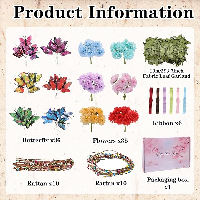 KorViSHOW DIY Flower Crowns Making Kit, 100 Pcs Make Your Own Butterfly Floral Headband Making Kit, DIY Creativity Fairy Flower Hair Accessories Craft Set for Women Birthday Party Arts Creative Gifts