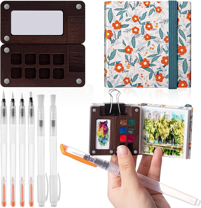 Qilery Mini Portable Watercolor Palette Set Wooden Grid Paint Box Watercolor Paper Sketch Book Brush Pens with Binder Clip for Painters Artist Not Include Paint(Blue Flowers)