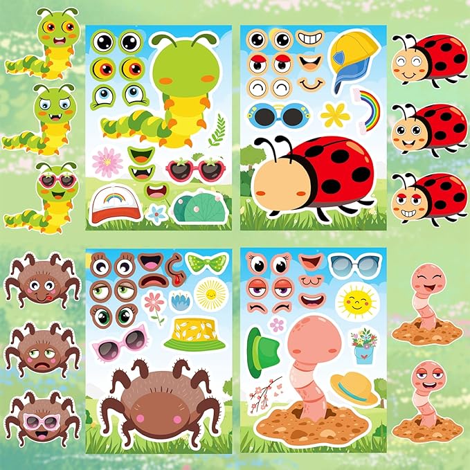 aowplc 32 sheets insect make-a-face stickers for kids, fun spring party supplies, crafts & classroom activities