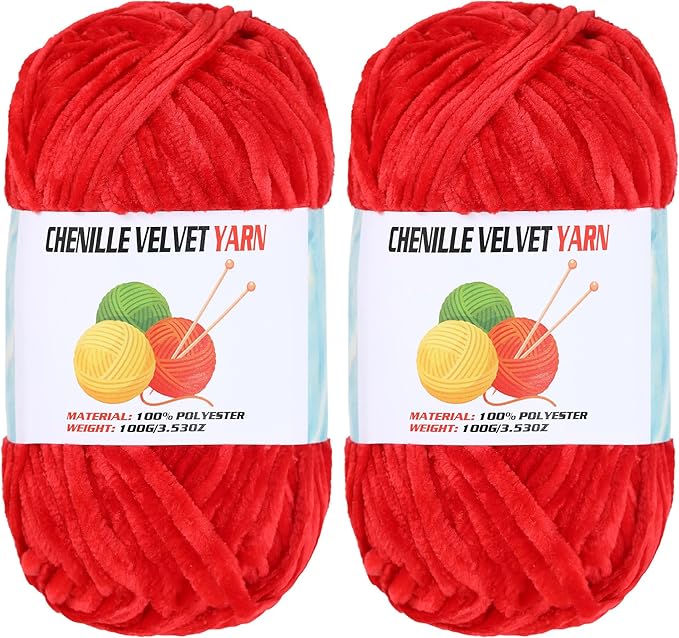 2 * 100g Velvet Chenille Chunky, Handcrafts Weaving Soft Chenille Yarn for Crocheting Clearance, Used for Making Baby Yarn Blanket, Clothes, Knitting Creations (Red)