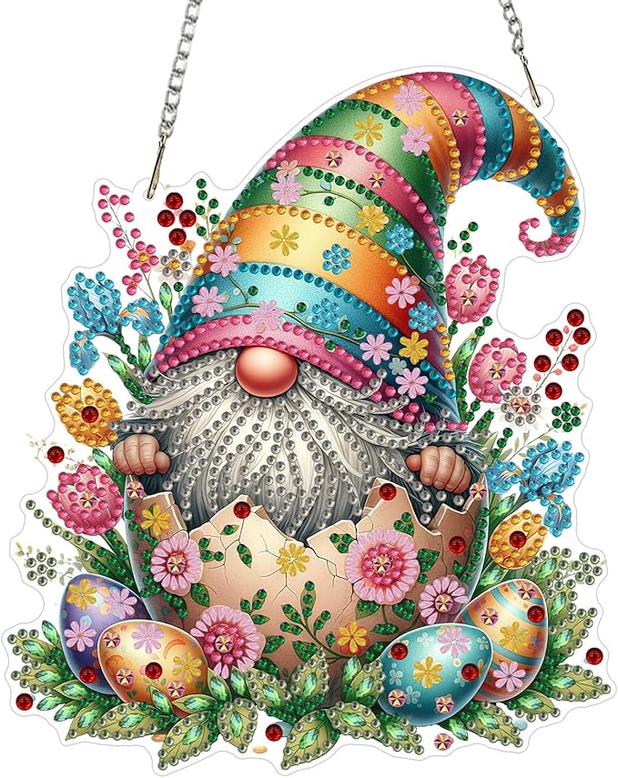 MEIYUDA Easter Gnomes Diamond Art Hanging Kits for Adult, Easter Eggs Diamond Painting Hanging Kits Ornaments, DIY Special Shaped Rhinestone Window Pendants kit for Home Garden Wall Decor Gift