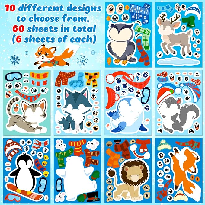 60sheets winter animal stickers crafts bulk, christmas make- a- penguin/fox/owl/reindeer face sticker holiday gifts goodie bag stuffer activity games party favors(small size)