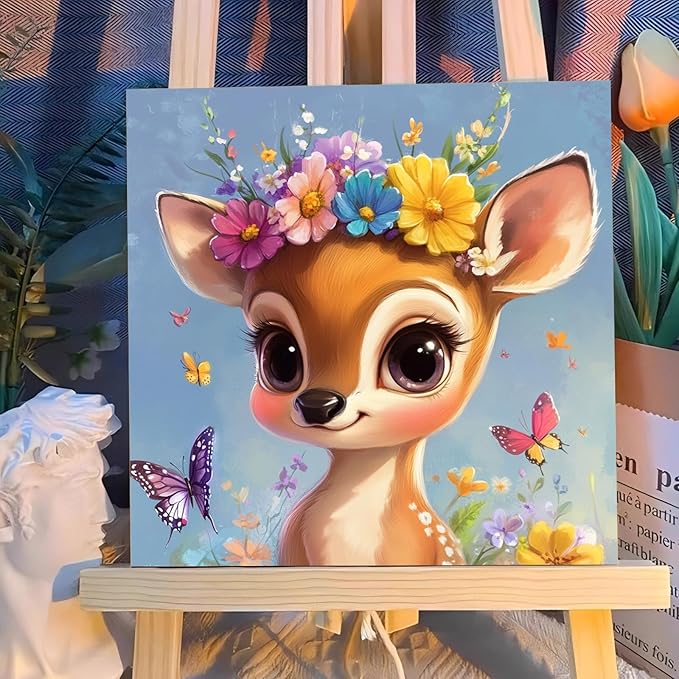 Reivworl Paint by Numbers Kit for Kids with Frame and Easel, Deer Paint by Number for Kids Age 6-8-12, Paint by Numbers Kits for Gifts and Home Decor - 8X8Inch