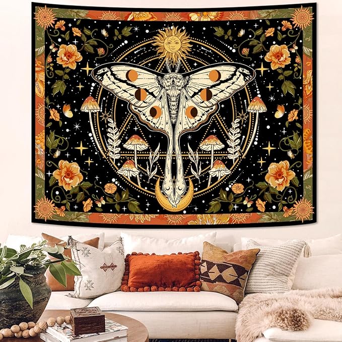 aipon orange moth tapestry boho retro floral flowers tapestries aesthetic vintage mushroom tapestries for bedroom indie sun moon tapestry wall hanging for living room dorm (40'' × 30'')