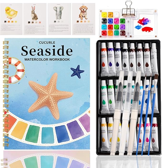 Watercolor Workbook, Water Coloring Book, 24 Colors Watercolor Paint Set with Palette and Brush, 12 Different Patterns of Original DIY Designs, Beginner-Friendly Watercolor Workbook (Seaside 2)