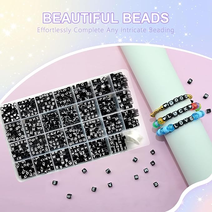 Amaney 810pcs Black Letter Beads 6x6mm Cube Acrylic Alphabet Beads and Cristal Line for Jewelry Making Bracelets Necklaces Key Chains