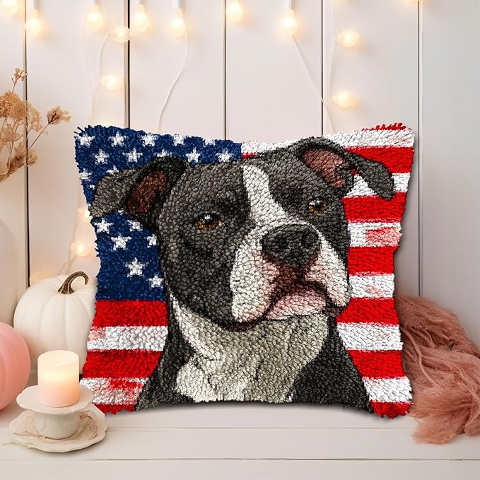 DIY Latch Hook Pillow Kits for Adults Cartoon Pitbull Dog with Flag Printed Pillowcase Crochet Yarns Hooking Handmade Pillow Cover Cushion for Home Sofa Decoration 17x17inch-1