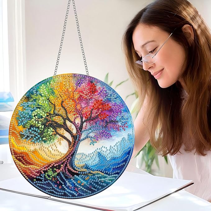 Pavemlo Hanging Diamond Art Kits for Adults Tree – 8x8 Inch Double-Sided Acrylic Board DIY Crystal Diamond Suncatcher Pendant, Sparkling Home Wall or Window Decoration Handmade Gift