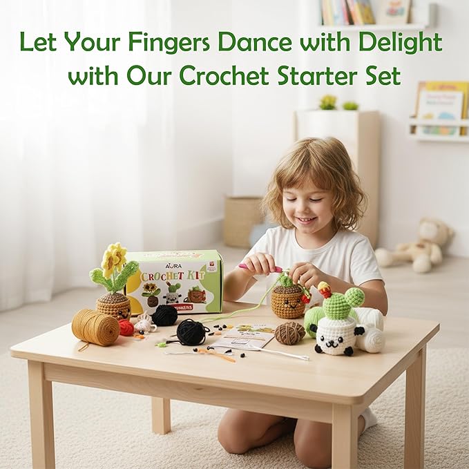 A-URA 3-in-1 Learn to Crochet Kit for Beginners Kids and Adults, Premium Pattern Sunflower, Panda Cactus, Hanging Pot Plant Beginner Crochet Kits with Easy Tube Yarn & Step-by-Step Video Tutorials