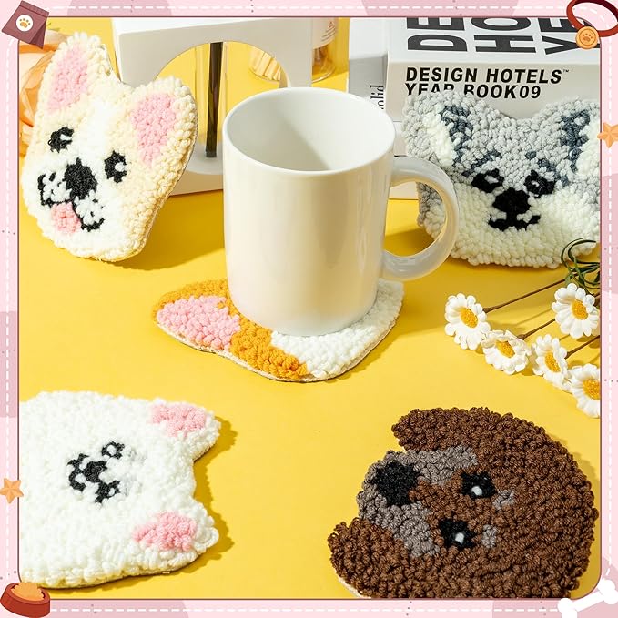 WATINC Craft Punch Needle Coaster Kit, 22Pcs Easy Art Work Decor Craft Supply for Beginners, DIY Set of 6 Puppy Head Pattern Tufted Rug Pads with Adhesive Felt Yarns Embroidery Hoop Tools Instruction