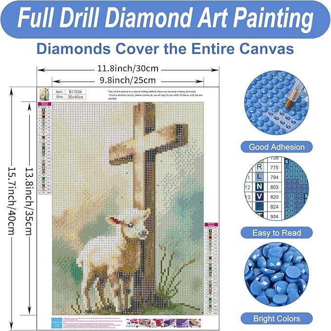 Camocin Diamond Art Kits for Adults Cross, 5D Religious Christian Diamond Painting Kits for Adults Beginners, DIY Sheep Full Round Dots Drill Gem Art Kit for Gift Home Wall Decor 12 x 16 Inch