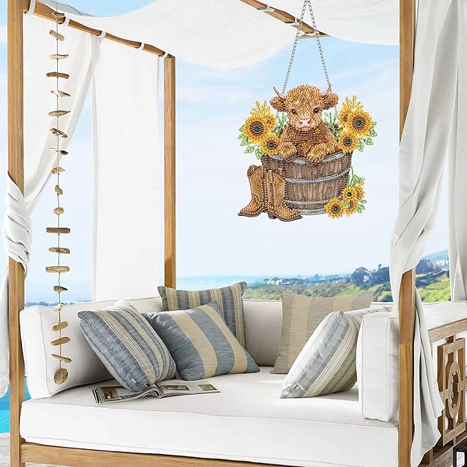 VAIIEYO Cow Diamond Art Hanging Ornament, Sunflower Diamond Painting Suncatchers Window Hanging Kit with Chain, 7.5x7.5 inch Crystal Pendant Art Craft for Gift Home Wall Front Door Decoration
