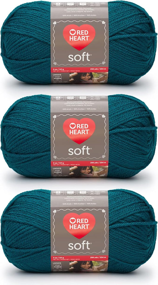 Red Heart Soft Teal Yarn - 3 Pack of 141g/5oz - Acrylic - 4 Medium (Worsted) - 256 Yards - Knitting/Crochet