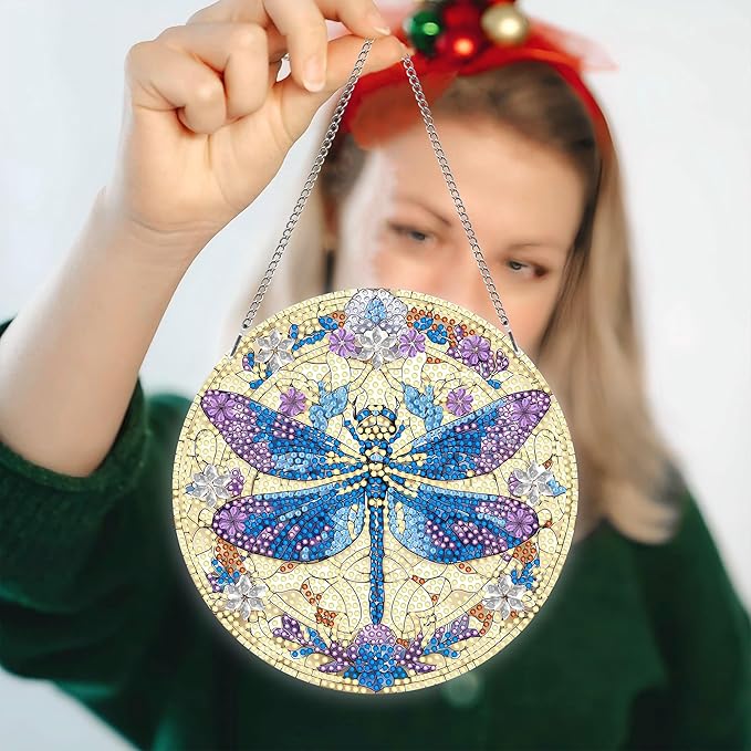 Hanging Diamond Art Kits for Adults Dragonfly – 8x8 Inch Double-Sided Acrylic Board DIY Crystal Diamond Suncatcher Pendant, Sparkling Home Wall or Window Decoration Handmade Gift