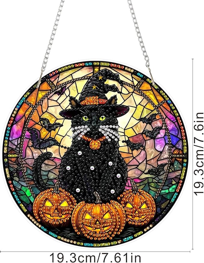 SENQAO Halloween Diamond Art Hanging Kits for Adults Beginners, DIY Acrylic 5D Special Shaped Crystal Diamond Gem Art Painting Hanging Ornament for Home Wall Decor and Gift（Black Cat Pumpkin Bat）
