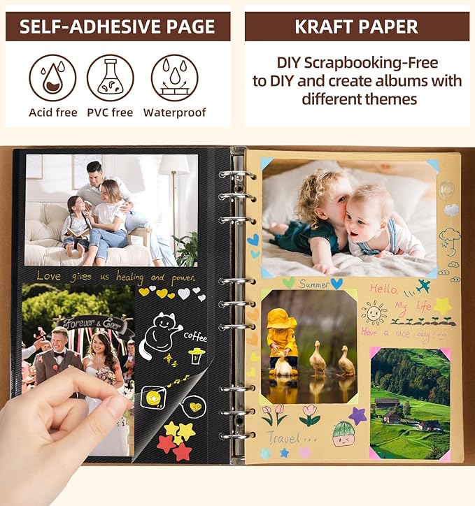 Scrapbook Photo Album 100 Pages, 60 Pages Self Adhesive+40 Pages Kraft Paper DIY Photo Book for 2x3 3x5 4x6 5x7 Pictures, Leather Memory Book for Wedding Baby Family Travel Birthday Christmas