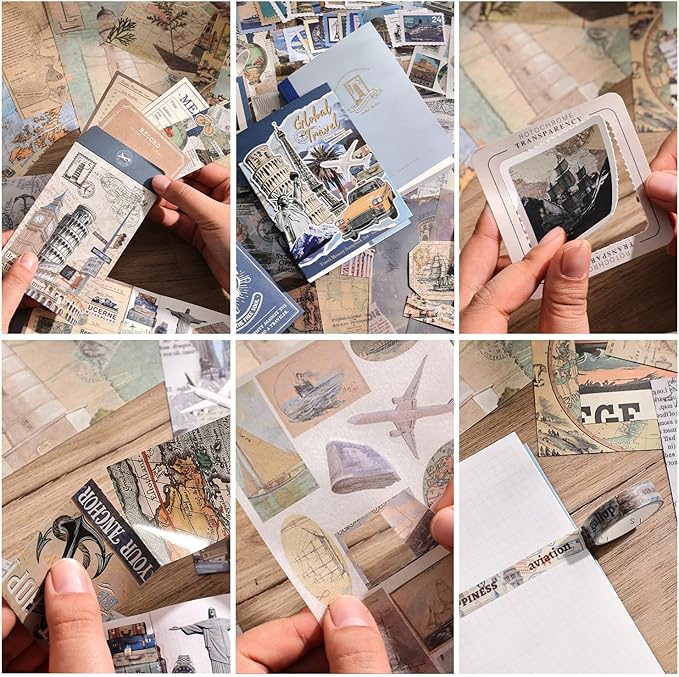 emmoolife Scrapbooking Supplies Kit, Daily Life World Travel Scrapbook Kit for Bullet Junk Journal, Stationery, A6 Grid Notebook, DIY Journaling Supplies, Birthday Craft Gift Teen Women