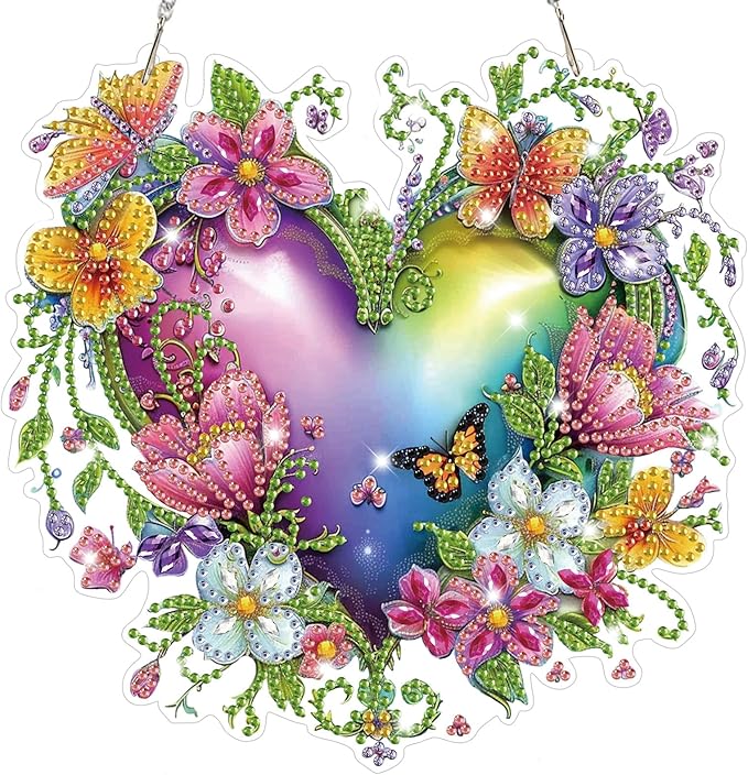 Heart-Shaped Flower Diamond Art Hanging Kits for Adults, Diamond Art Suncatchers Flower, 5D Special Shape Diamond Painting Pendant Window Ornament Gifts for Home Door Wall Garden Decor
