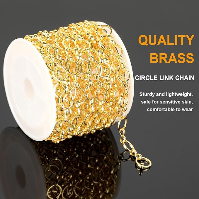 KYUNHOO 13 Feet Light Gold Necklace Chains for Jewelry Making 8MM Circle Link 18K Gold Plated Brass Chain Bulk for Craft DIY with Lobster Clasps and Jump Rings