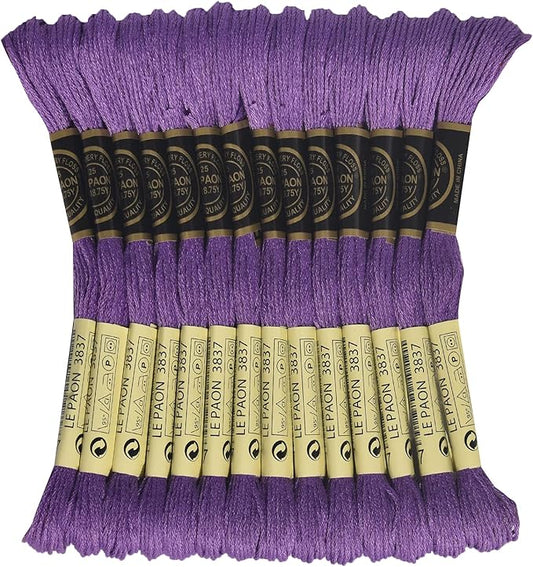 LE PAON Embroidery Floss, 14-Pack Six Strands 100% Long Staple Cotton Embroidery Thread, 8.7-Yard，Color Number：3837, Dark Lavender
