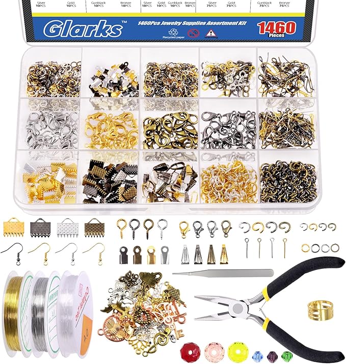 Glarks 1616Pcs Making Supplies Kit with Jewelry Tools, Includes Pliers, Jewelry Wires, Charm Pendants, Jewelry Findings for Jewelry Making and Repair