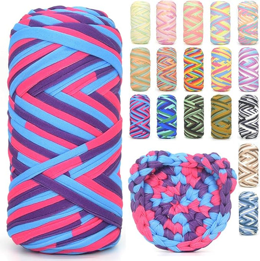 Tshirt Yarn for Crocheting,Rainbow T Shirt Chunky Elastic Fabric Thick T-Shirt Crochet Yarn for Beginners Crocheting Hand Knitting Bag/Basket/Coasters/DIY Crafts/Home Decor 200G-Blue Pink Purple