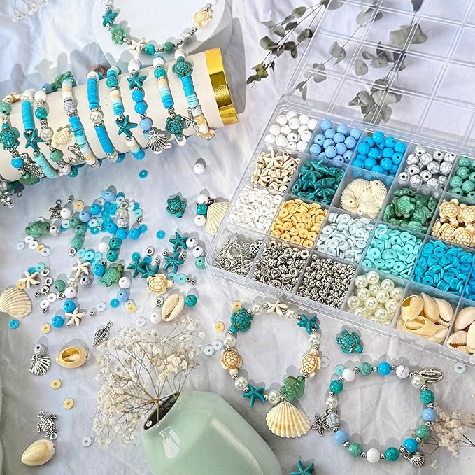 1860Pcs Ocean Beads for Bracelets Making Kit, Blue and White Summer Beach Bead for Jewelry Making, Sea Turtle Shell Starfish Shape Beads 8mm Round Cly Bead for DIY Craft Bracelets Earring (Blue)