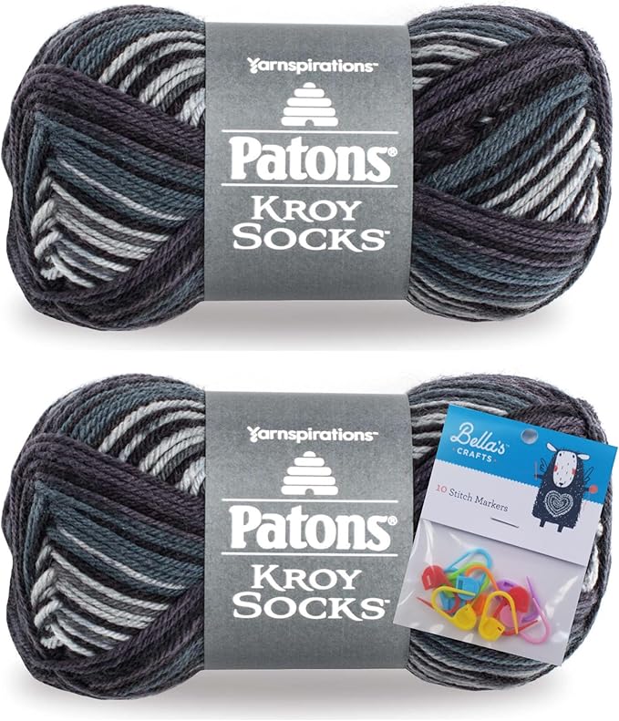 Patons Kroy Socks Yarn 2-Pack Bundle with Bella's Crafts Stitch Markers (Tourmaline Stripes)