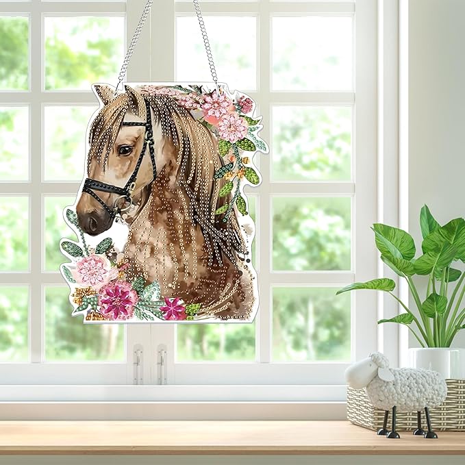 Bowetile Horse Diamond Art Hanging Kits for Adults, 5D Special Shape Diamond Painting Flowers Pendant Kits, Animal Gem Art Suncatchers Painting Ornament for Home Garden Wall Decor