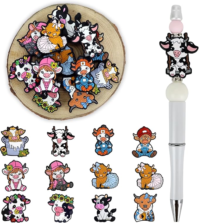 12pcs Cow Silicone Focal Beads for Pens Making Beads for Keychain Shape for Bracelet Necklace Crafts （Cow）