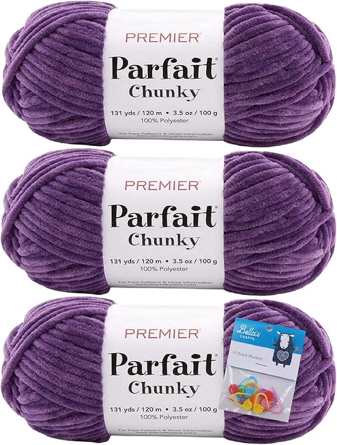 Premier Yarns Parfait Chunky Chenille Yarn 3.5 Oz 6 Super Bulky Weight 3 Pack Bundle with Bella's Stitch Place Holders (Iris)