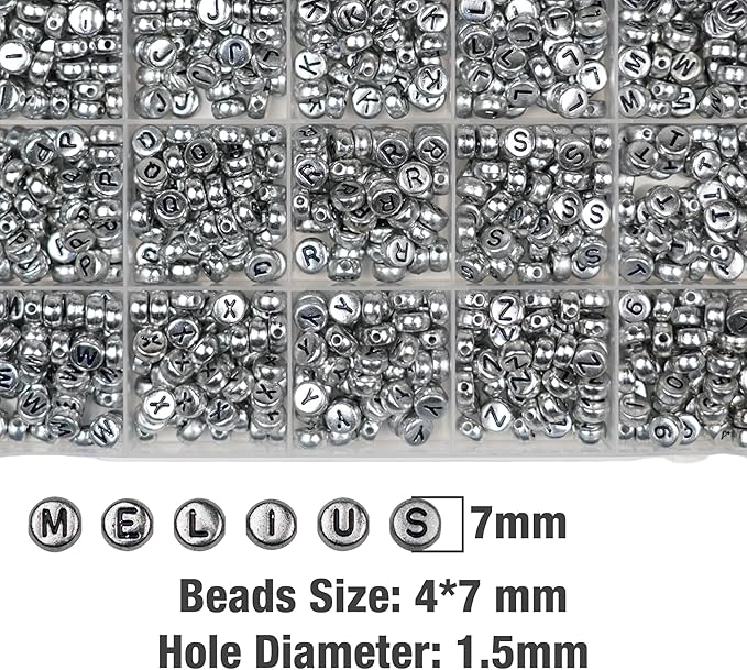 Melius Acrylic Silver Letter Beads, 1450 Pcs 4x7mm Round Alphabet Beads in 28 Grid Box for Jewelry Making, DIY Bracelets, Necklaces, Key Chains, Bracelets