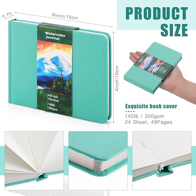 Dispowreath 6 x 4 in Watercolor Sketchbook Journal Square Watercolor Notebook Cold Press 140lb 300gsm Cotton Paper 48 Pages Journals Notebook Paper Pads(Turquoise)