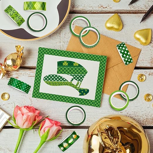 Whaline 12 Rolls St. Patrick's Day Washi Tape Green Shamrock Washi Masking Tapes 15mm Clover Plaids Lucky Holiday Paper Tape Sticker for Irish Party Scrapbook Gift Packing DIY Craft Decor, 16.4Ft