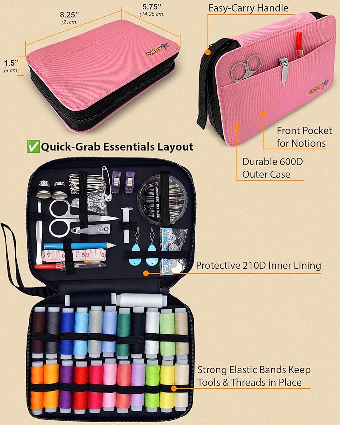 Easy-to-Use Pink Sewing Kit - Christmas Gifts for Girls, Teens, Moms & Kids - Beginner Hand Sewing Kit for Clothing Repairs. Includes 30 Needles, Thread, and All Essential Supplies for Small Fixes