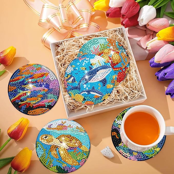 EWJRNSF 6 PCS Small Diamond Art Coasters Kits, Diamond Painting Coasters, Fall Diamond Art Kits for Adults Beginners, Arts and Crafts Item Sets with Holder for Drinks. Ocean