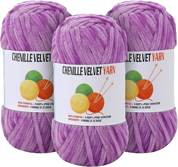 3 * 100g Velvet Chenille Chunky Yarn for Crocheting, Handcrafts Weaving Soft Chenille Yarn for Crocheting Clearance, Used for Making Baby Yarns Blanket, Clothes, Knitting Creations (Light-Purple)