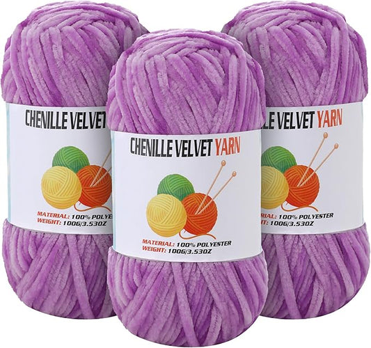 3 * 100g Velvet Chenille Chunky Yarn for Crocheting, Handcrafts Weaving Soft Chenille Yarn for Crocheting Clearance, Used for Making Baby Yarns Blanket, Clothes, Knitting Creations (Light-Purple)