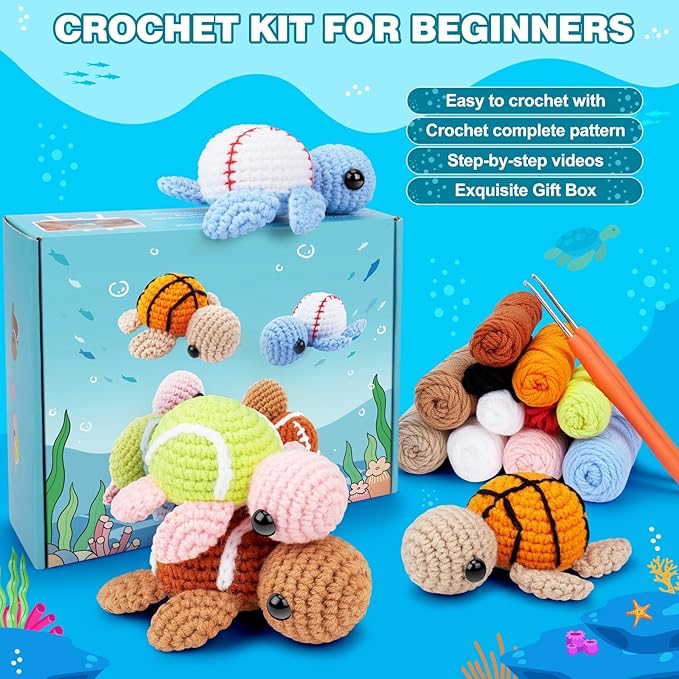Fortuning's JDS Crochet Kit for Beginners -4 PCS Turtle Crochet Kit with Step-by-Step Video Tutorials, Beginner Crochet Kits for Adults, Animal Crochet Turtle Ball Games Set