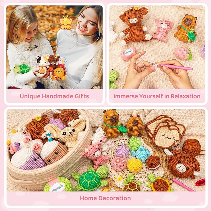 Mewaii Crochet Kit for Beginners Level 3 with 40% Extra Eco-Friendly Pre-Started Easy Yarn, Step-by-Step Video Tutorials for Adults and Kids (Strawberry Cow)