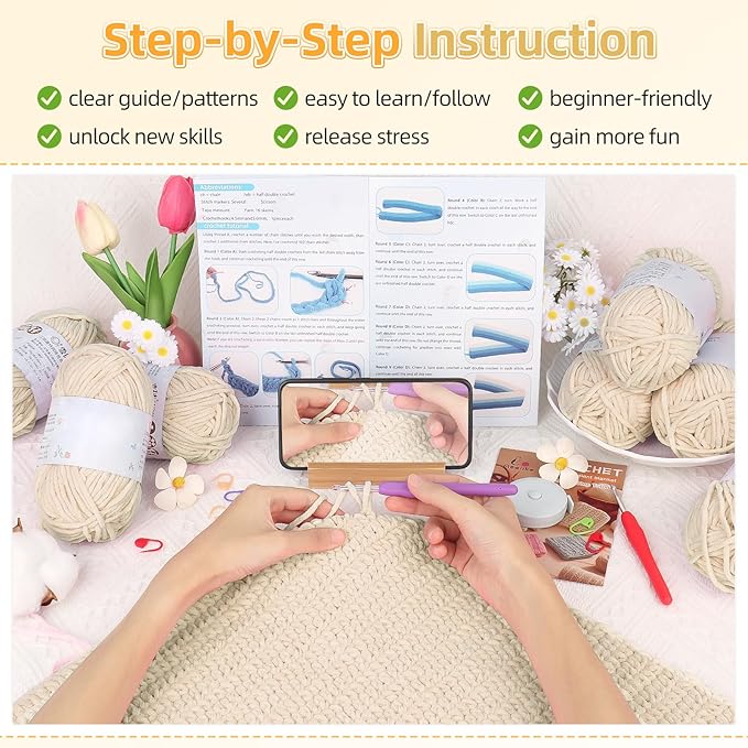 Aeelike Blanket Crochet Kit for Beginners, Easy Crochet Blanket Kit with Soft Chenille Yarns Detailed Instruction Crocheting Accessories Complete Beginners Crocheting Kits, Khaki