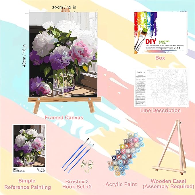 Peony Paint by Numbers for Adults with Framed Canvas-with Wooden Easel,Paint by Number on Canvas Vase Flowers,DIY Acrylic Oil Painting Kits with Brushes Nice Gift Box for Home Wall Decor(12x16inch)