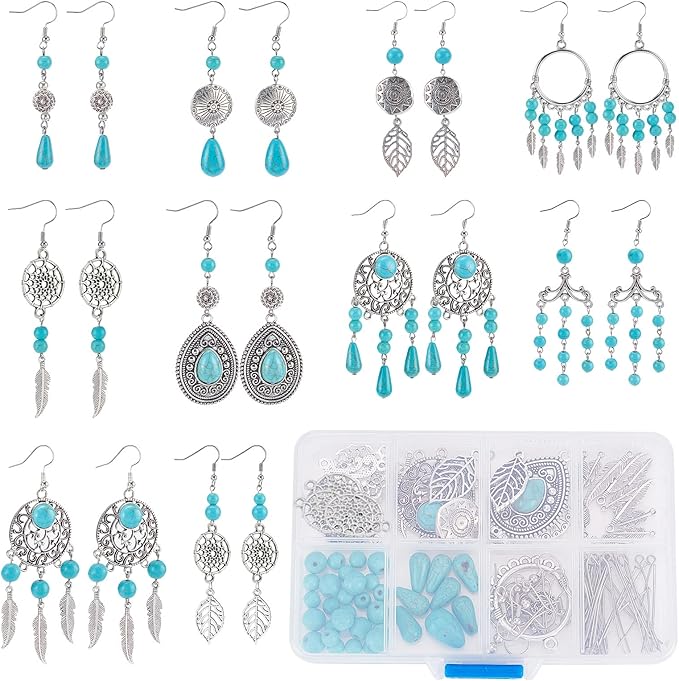 SUNNYCLUE 1 Box DIY 10 Pairs Vintage Style Chandelier Charms Hollow Leaf Charm Earring Making Kit Synthetic Turquoise Beads Feather Charms for Jewelry Making Flower Shape Teardrop Charm Adult Craft